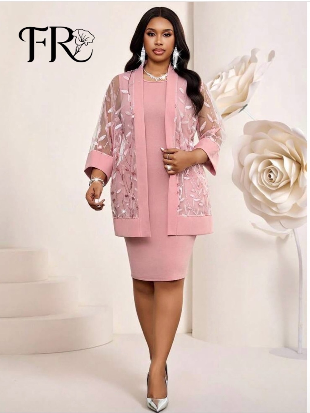 FR Pink Embroidered Sheer Jacket Dress Set. New